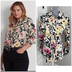 Lauren Ralph Lauren black label floral cotton button up blouse size XXL 2XL